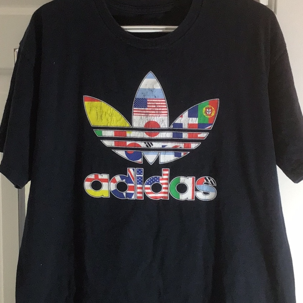 Adidas World Olympic Large Black Tee with Trefoil World Flags